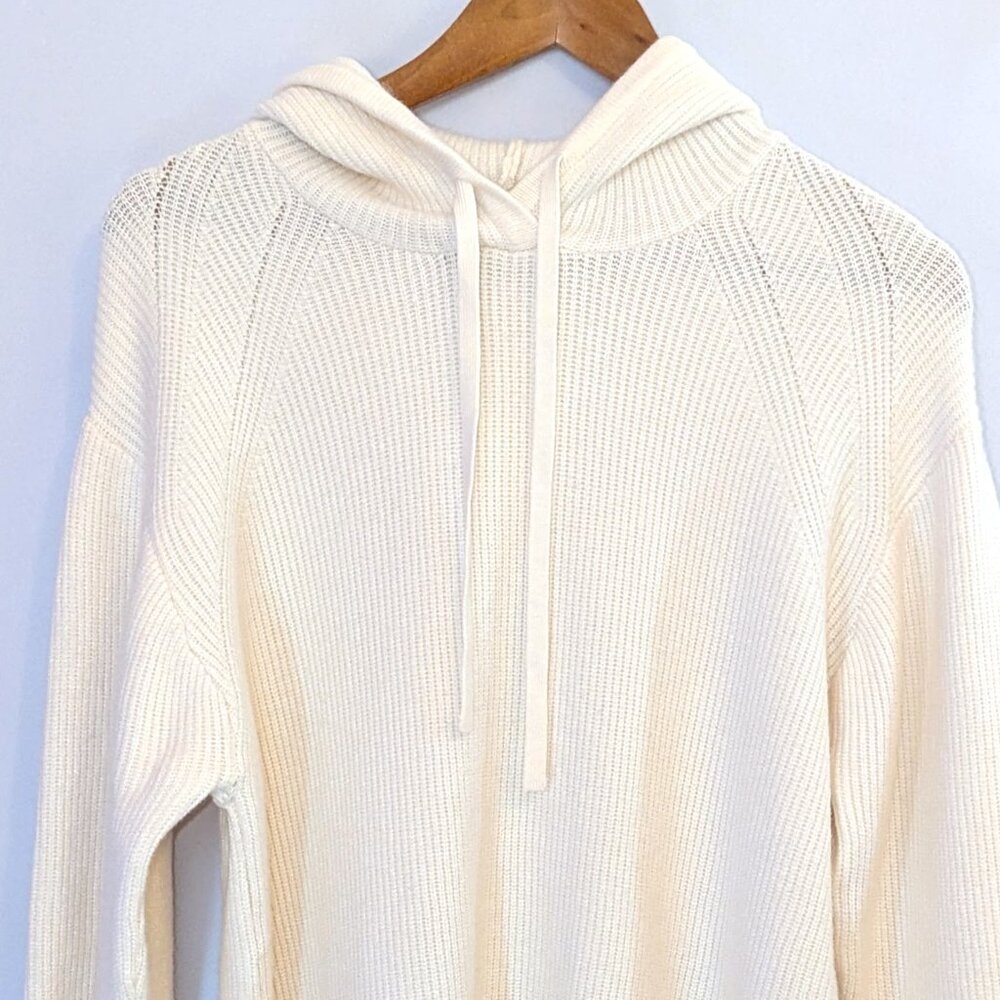 CALIA | Cashmere Blend Ribbed Knit Hooded Sweater Pullover in Cream | Small - Picture 7 of 14